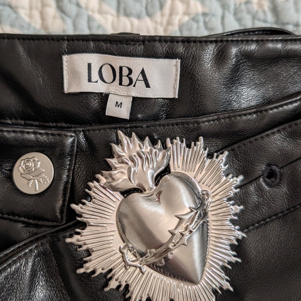 LOBA Sagrada Low Rise Pants Revolve Black Faux Leather Heart Belt Bootcut M NEW - Picture 6 of 13
